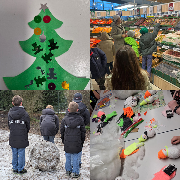 Bildercollage: Gebastelter Weihnachtsbaum, Kinder im Supermarkt, Kinder mit Schneekugel, Gebastelte Schneemänner