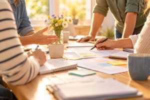 Gemeinsame Planung an sonnigem Tisch